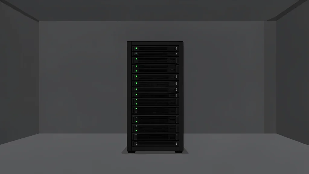 A single server rack standing alone in a dark, empty data center room.