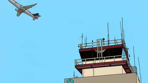 A control tower overlooking a runway with airplanes taking off