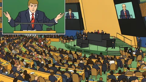 A wide-angle view of the United Nations General Assembly hall with rows of empty seats and a central podium.