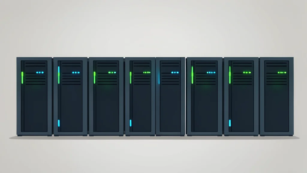 A row of industrial cryptocurrency mining rigs with glowing status lights