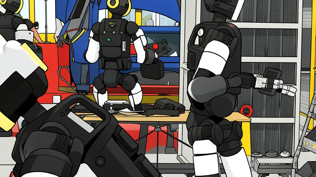A flat-vector illustration of a humanoid robot standing on a car assembly line.
