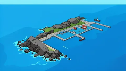 A rocky coastline meeting the sea with a small harbor and shipping lanes