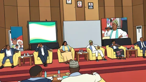 A flat vector illustration of a government building in Abuja with a flagpole in the foreground.