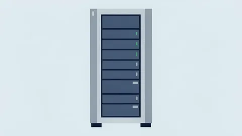 A flat-vector illustration of a server rack in a data center.