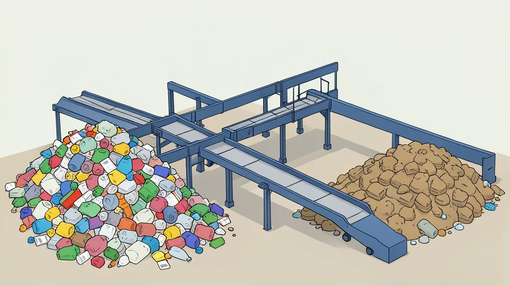 A flat vector illustration of an industrial waste facility with conveyor belts and piles of recyclables.