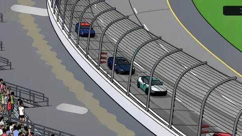 A red and white stock car speeding on a paved racetrack