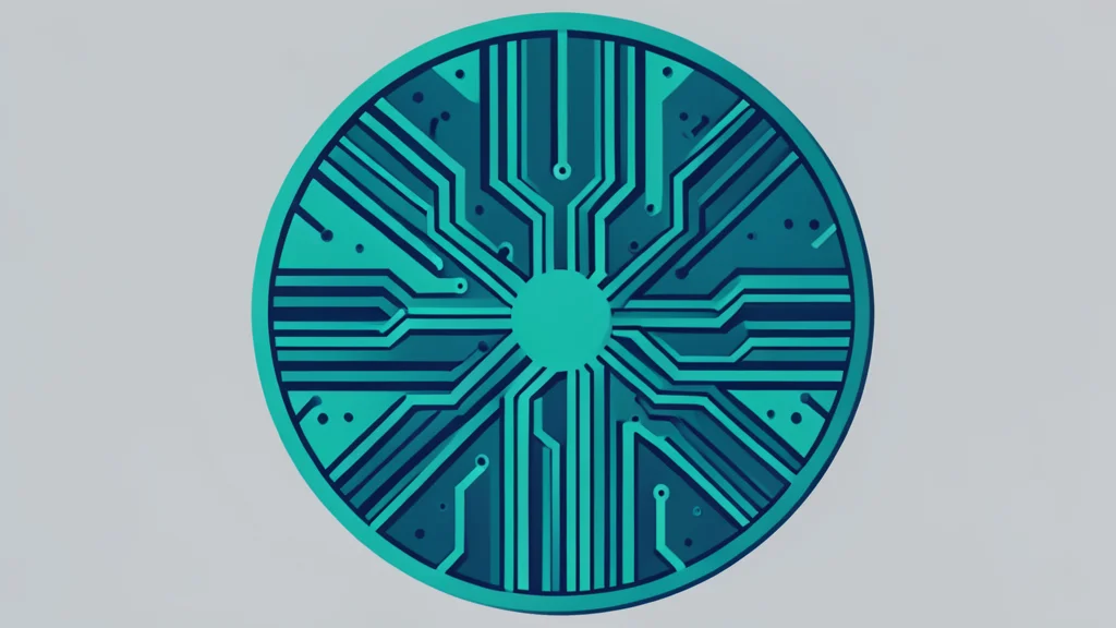 A detailed view of a silicon wafer with complex circuit patterns