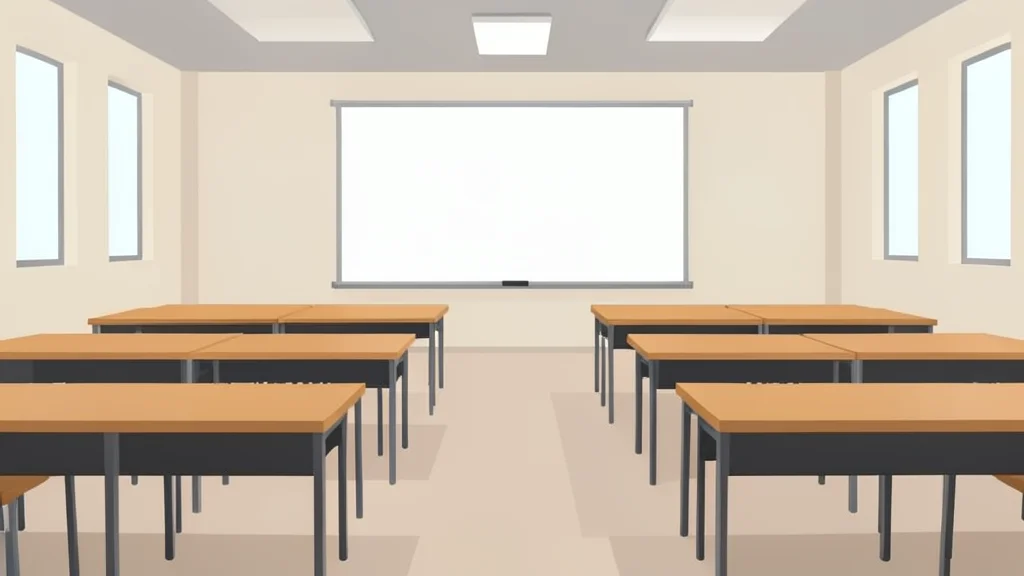 A modern university lecture hall with rows of empty desks and a whiteboard