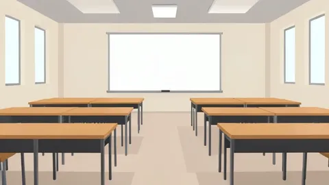 A modern university lecture hall with rows of empty desks and a whiteboard