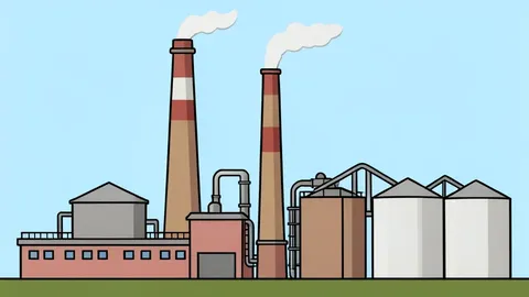 An industrial oil refinery complex with tall smokestacks and storage tanks