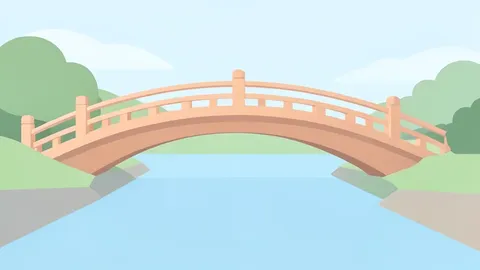 A traditional Japanese wooden bridge arching over a calm river.