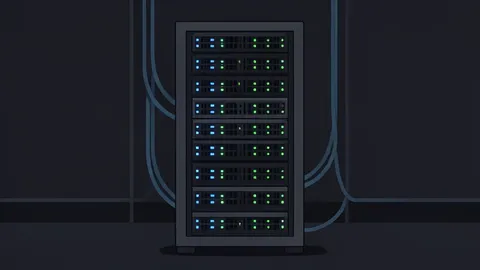 A server rack with blinking status lights in a dimly lit room