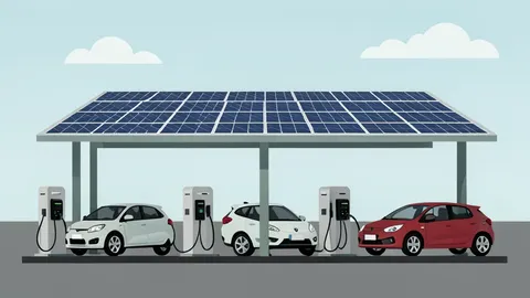 A row of electric vehicle charging stations with cables plugged into cars under a solar canopy