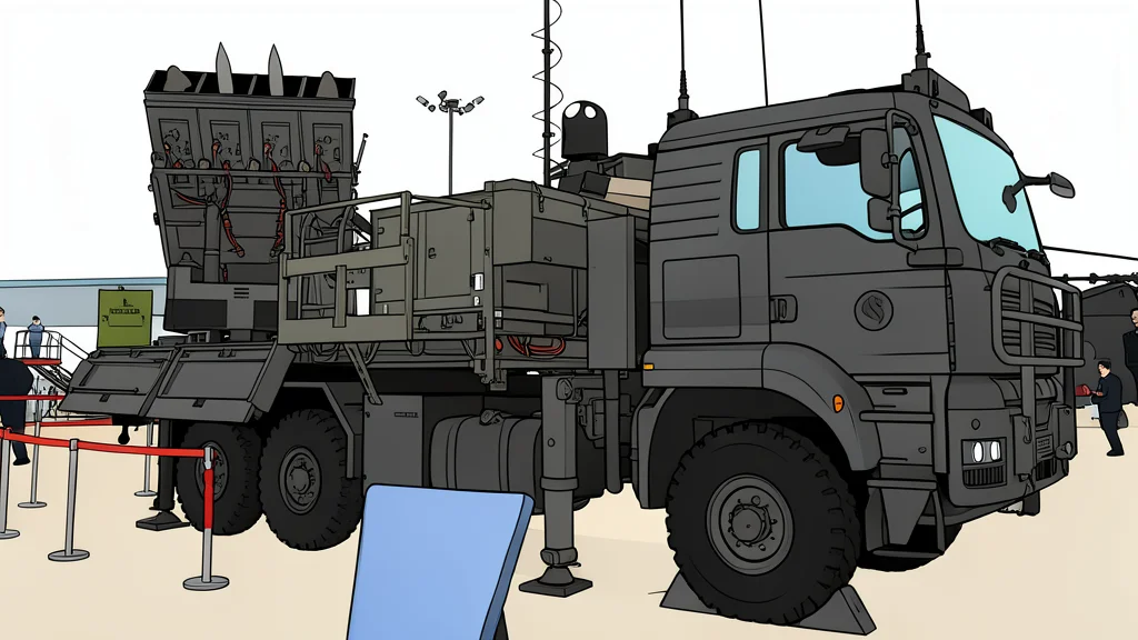 A flat vector illustration of a mobile air defense launcher vehicle with a radar dish on a truck chassis.