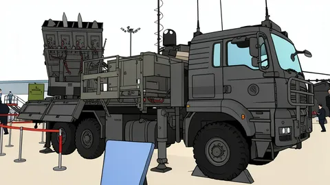 A flat vector illustration of a mobile air defense launcher vehicle with a radar dish on a truck chassis.