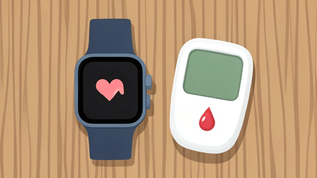 A conceptual flat-vector illustration of a smartwatch and a medical glucose meter on a wooden table, symbolizing the integration of wearable and external health data.