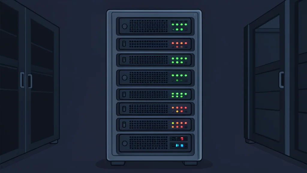 A server rack with blinking status lights in a dark data center