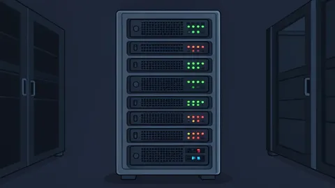 A server rack with blinking status lights in a dark data center