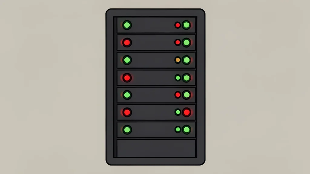 A server rack with blinking status lights