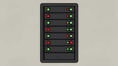A server rack with blinking status lights