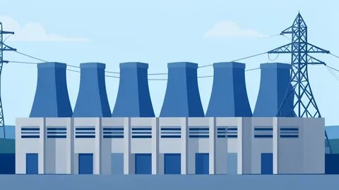 A flat vector illustration of a large industrial data center building with cooling towers and high-voltage power lines in the background.