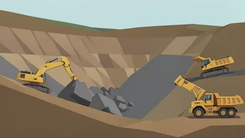 A large industrial quarry with heavy machinery extracting aggregate rock