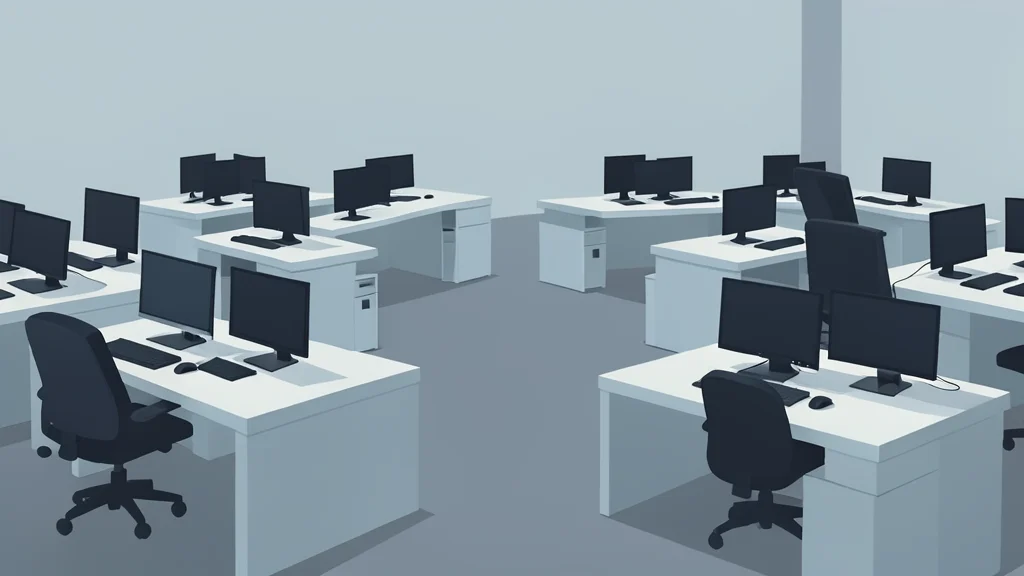 A stylized flat-vector illustration of a trading floor with rows of desks and computer monitors, devoid of text or screens.