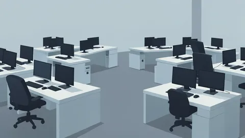 A stylized flat-vector illustration of a trading floor with rows of desks and computer monitors, devoid of text or screens.