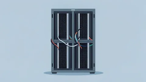 A tall server rack standing alone in a clean, modern data center aisle.