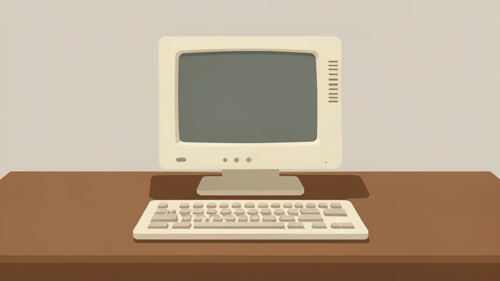 A vintage beige computer monitor and keyboard sitting on a wooden desk surface