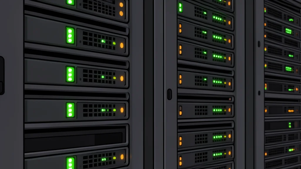 A server rack with blinking status lights