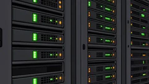 A server rack with blinking status lights