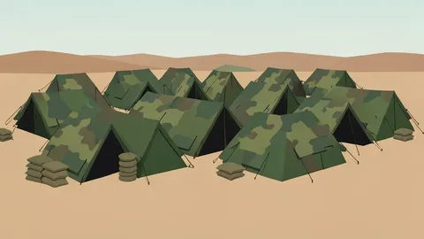 A flat-vector illustration of a military training camp with rows of camouflage tents and sandbags in a dry, dusty landscape.