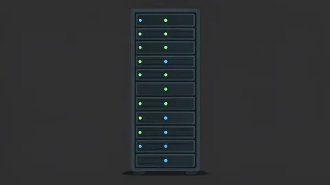 A server rack with blinking status lights in a dark room