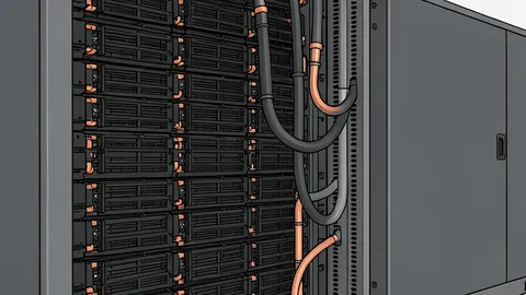 A large industrial server rack with visible liquid cooling pipes and battery storage units