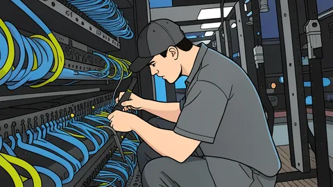 A dense bundle of fiber optic cables with exposed glass strands