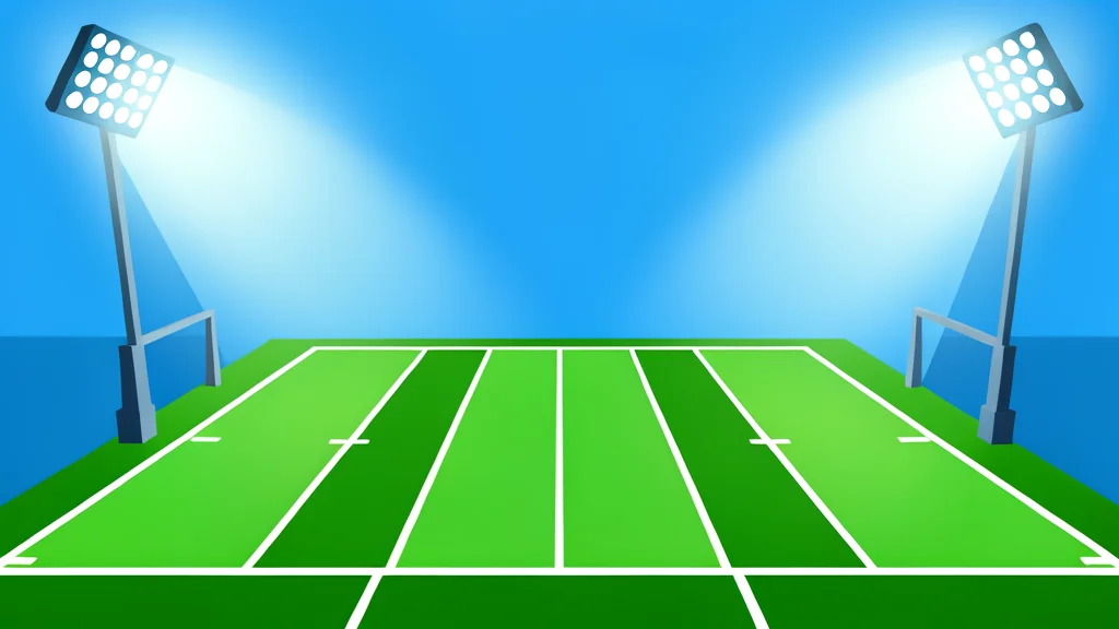 A green football field with white yard lines under bright stadium floodlights