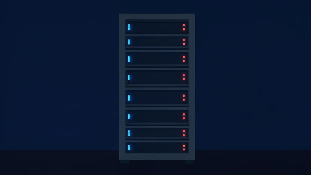 A server rack with blinking status lights in a dark room