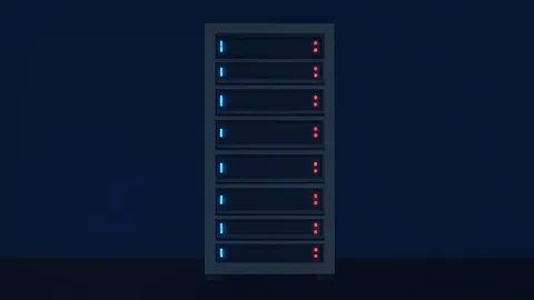 A server rack with blinking status lights in a dark room