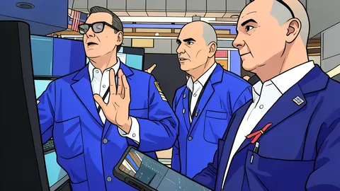 A flat vector illustration of a trading floor with rows of desks and monitors.