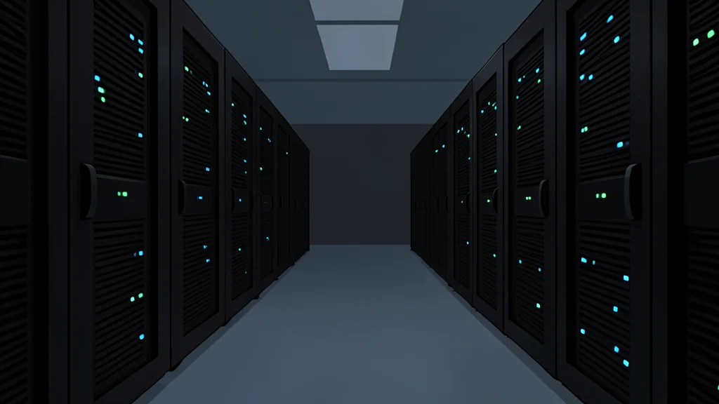 Rows of black server racks with blinking status lights in a dimly lit data center aisle