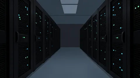 Rows of black server racks with blinking status lights in a dimly lit data center aisle