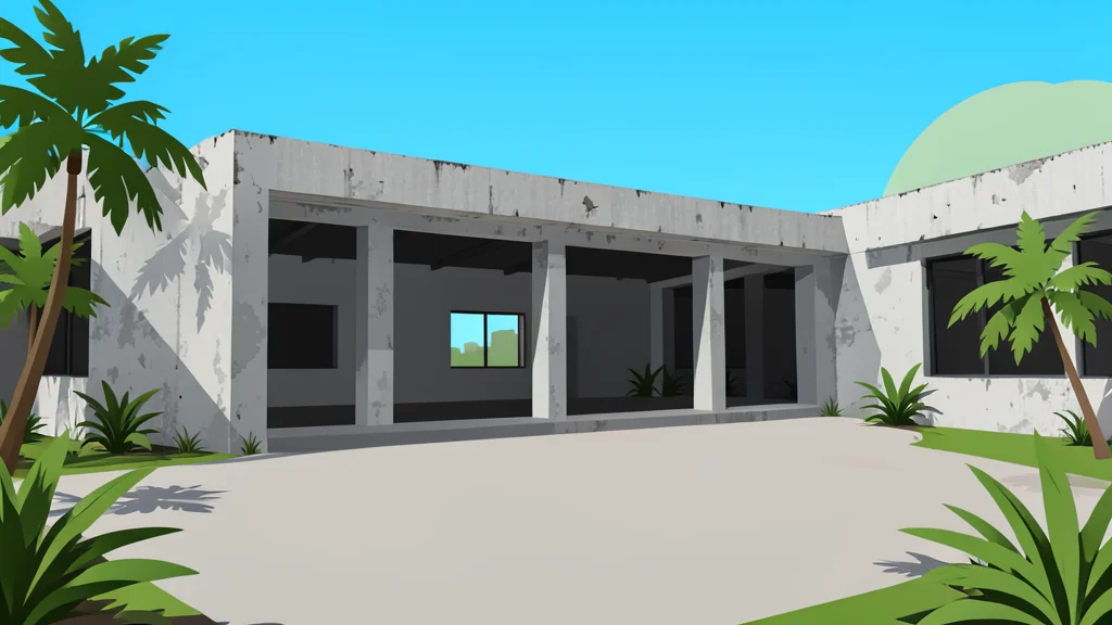 A weathered concrete building in a tropical city with a large open courtyard and sparse vegetation