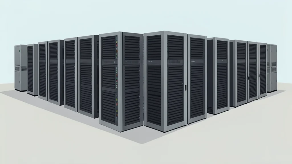 A flat-vector illustration of a large industrial data center facility with rows of server racks and cooling units.