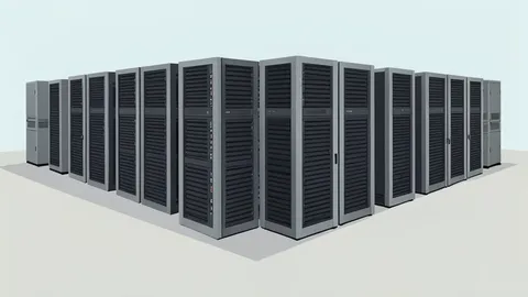 A flat-vector illustration of a large industrial data center facility with rows of server racks and cooling units.