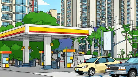 A flat vector illustration of an industrial refinery with tall smokestacks and storage tanks.