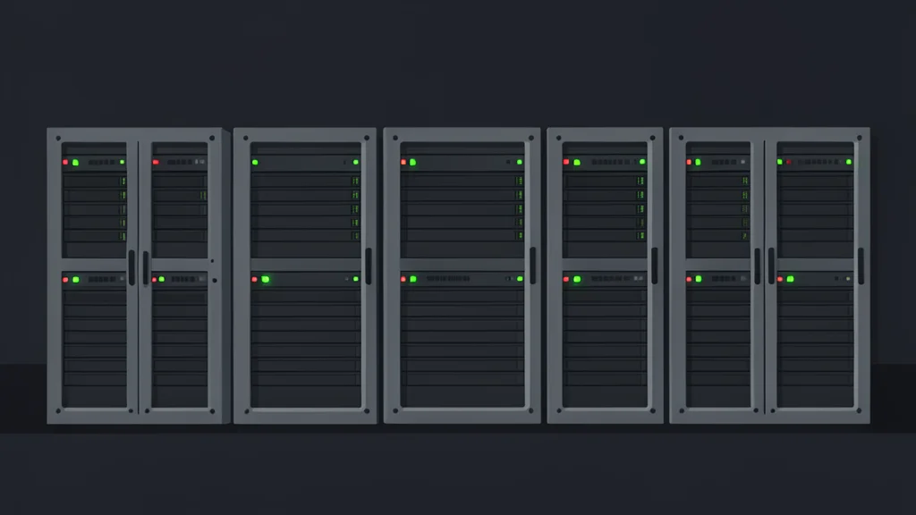 A row of industrial server racks with blinking status lights in a dark room