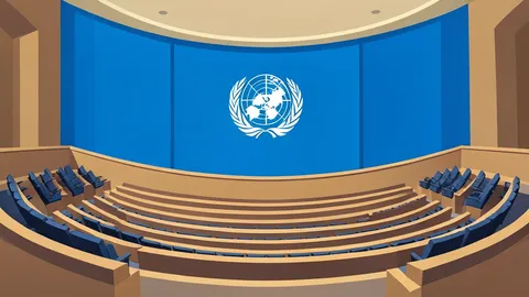 The glass facade and curved architecture of the United Nations headquarters building in New York City.
