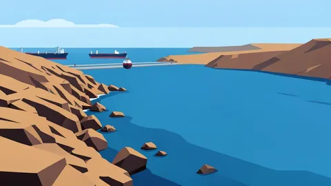 A flat-vector illustration of the rocky coastline of the Bab el Mandeb strait with shipping lanes in the distance.