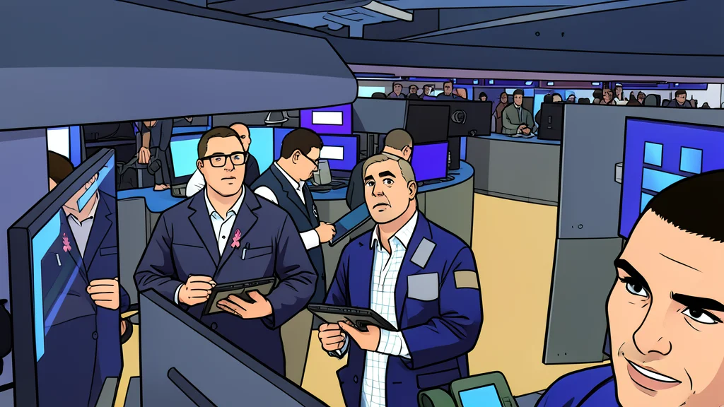 A flat vector illustration of a trading floor with rows of desks and monitors.